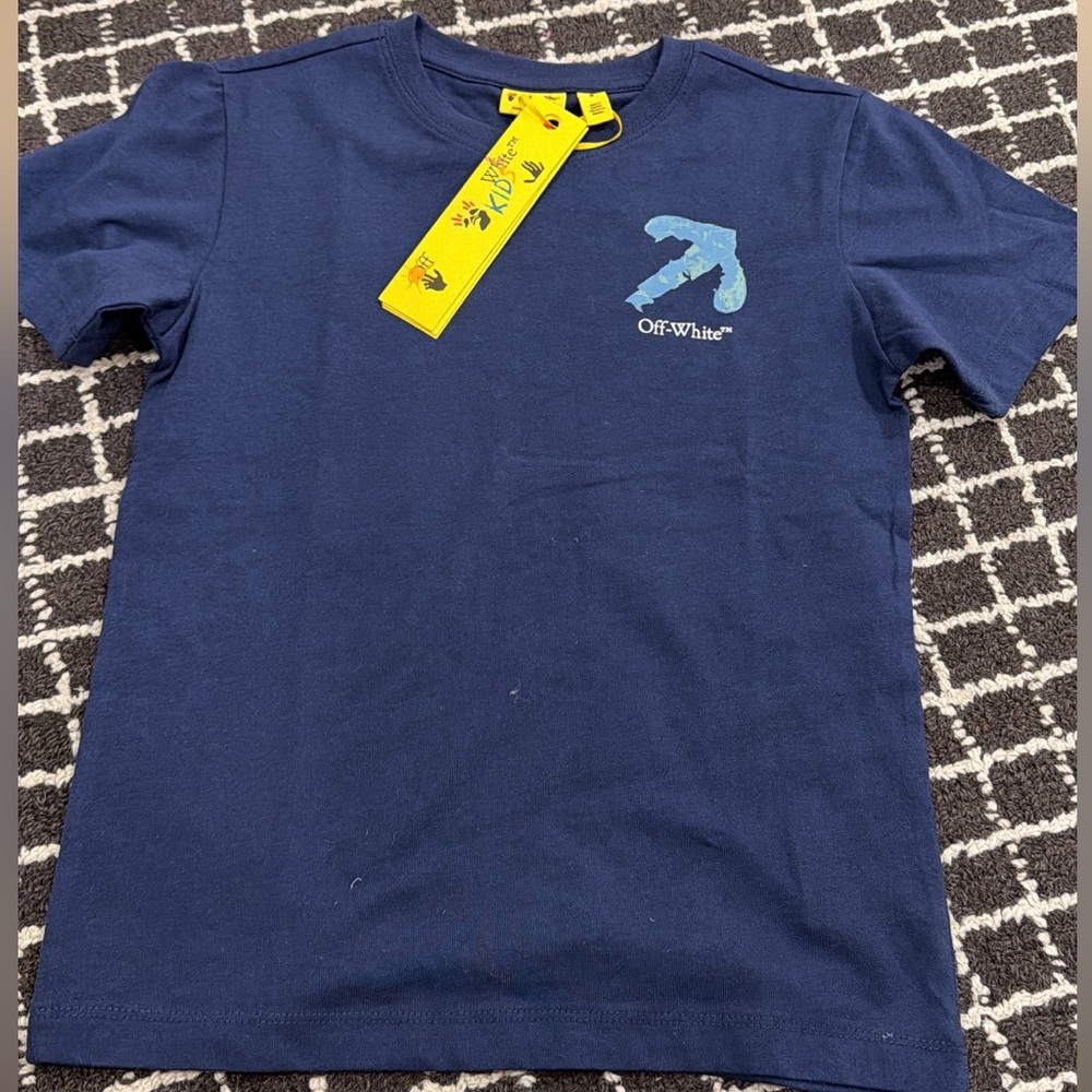 Off-White Navy Blue Branded Tee with Light Blue Graphic
